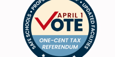 Grafico del emblema circular para la campaña promocional del Impuesto del 1% para escuelas en McLean County.