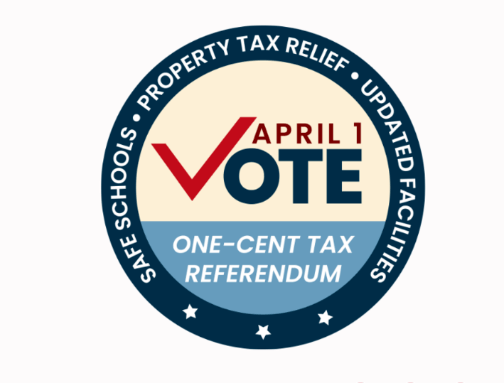 Grafico del emblema circular para la campaña promocional del Impuesto del 1% para escuelas en McLean County.