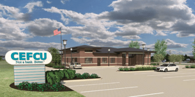 Fachada de una sucursal de CEFCU con el letrero de la cooperativa visible.