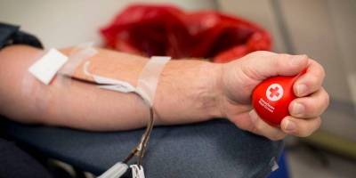 Una mano sosteniendo una pelota de la cruz roja. En el brazo tiene una aguja y tubo de donacion de sangre.
