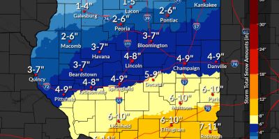 Ilustración de las áreas bajo aviso y advertencia por tormenta invernal en Illinois central.