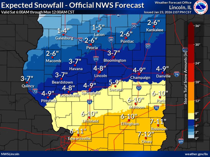 Ilustración de las áreas bajo aviso y advertencia por tormenta invernal en Illinois central.